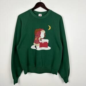 Vintage Jerzees Green Quilted Santa Crewneck Sweater Size Large Made in USA